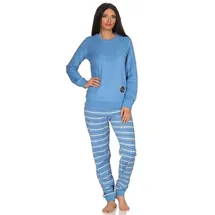 RELAX by Normann Normann Frottee Pyjama langarm Bündchen, Hose gestreift Oberteil - 49940 in hellblau | Gr.: 48/50