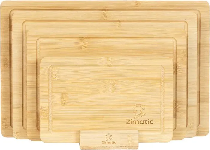 Zimatic 4-teiliges Bambus-Schneidebrett-Set mit rutschfestem Halter für Küche, Käse oder Obst, mit Geschenkbox