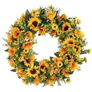 JYCRA Sonnenblumenkranz, künstliche Sonnenblumen, Grünkranz, Sommer, Herbst, Feiern, handgefertigter Türkranz für Zuhause, Garten, Hochzeit, Party, Dekoration (Durchmesser 40 cm)