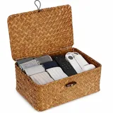 Aufbewahrungskorb aus Geflochtenem Rattan,Natürlichem Seegras Korb mit Deckel,Rechteckig Rattankorb Weidenkörbe,Storage Basket Aufbewahrungsbox mit Deckel,Geflochtener Körbe Rattankörbe Handgeflochten