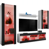 komodee Wohnzimmerset, Weiß, Schwarz, Holzwerkstoff, 8 Fächer, Rechteckig, 245x159x35 cm, Wohnzimmer, Wohnwände, Anbauwände