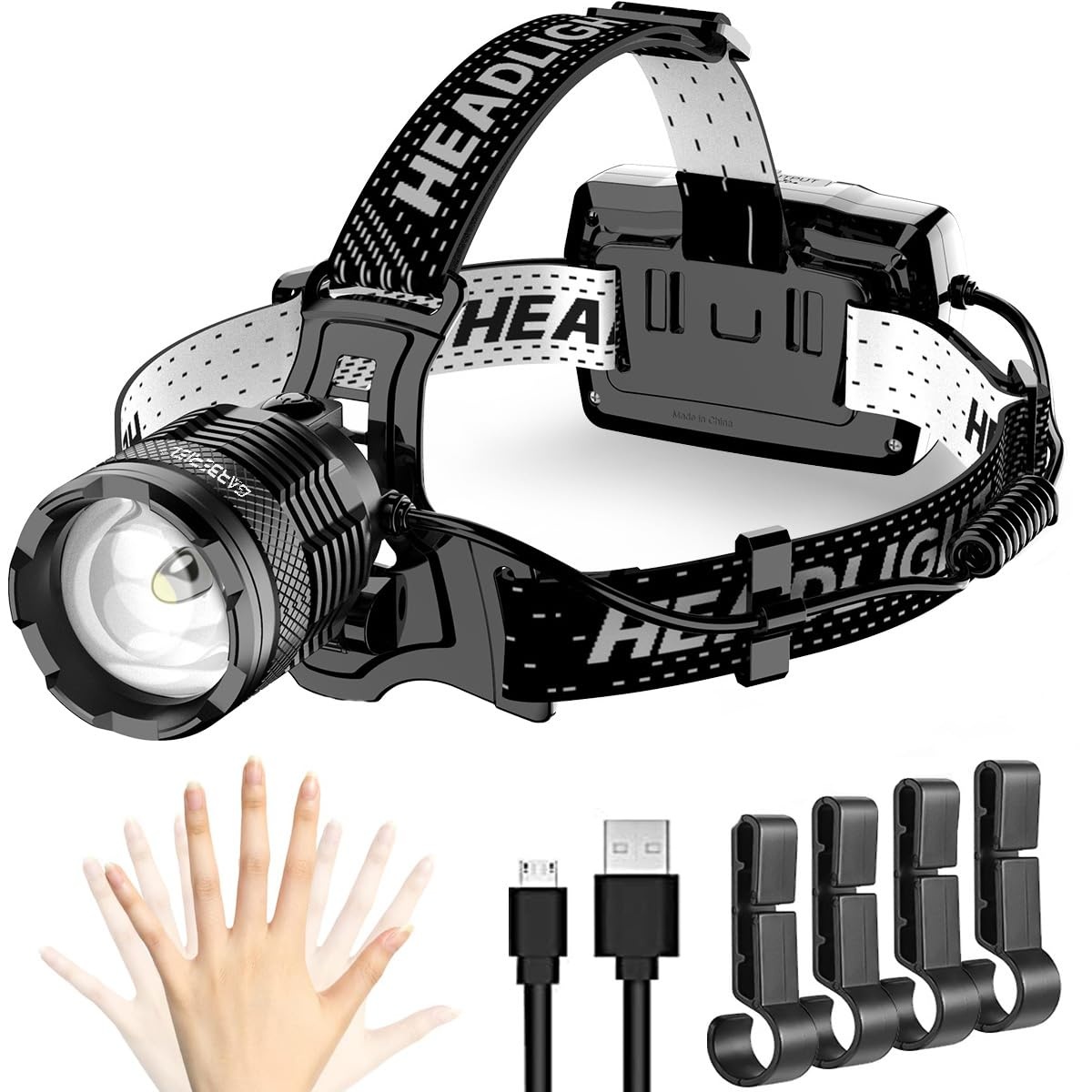 Stirnlampe LED Wiederaufladbar, 15000 Lumens Superhell Kopflampe mit 3 Lichtmodi 90° Einstellbarer, Intelligenter Sensor Kopflampe, IP68 Wasserdicht Leicht Stirnleuchte für Joggen, Campen, Angeln usw
