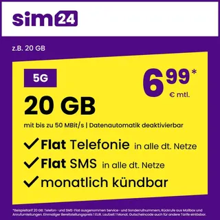 sim24 Handytarif z.B. Allnet Flat 20 GB – (Flat Internet 5G 20 GB, Flat Telefonie, Flat SMS und Flat EU-Ausland, 6,99 Euro/Monat, monatlich kündbar) oder andere Tarife