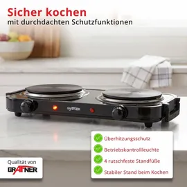 Grafner Doppelkochplatte 2000 Watt 2 Massekochfelder Ø 155 mm stufenlose Temperatureinstellung Schwarz/Weiß