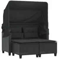 vidaXL Gartensofa 2-Sitzer mit Dach und Hockern Schwarz Poly Rattan