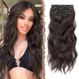FESHFEN Clip in Extensions, 4PCS 50 cm Voller Kopf Haarverlängerungen mit Clips Synthetik Gewellte Haarextension Schokoladenbraun Dunkelbraun Wavy Haar Extensions Clip in Haarteil für Frauen, 180g
