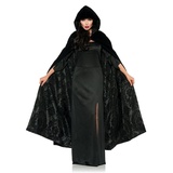 Underwraps Hexen-Kostüm Samtumhang schwarz, Hexen Vampir Cape, Schwarzer Kapuzenumhang mit floraler Musterung schwarz