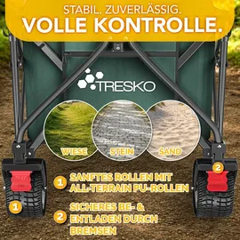 TRESKO Bollerwagen faltbar 215L mit Bremse Handwagen klappbar 150kg inkl. Vollgummireifen rot