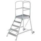 Günzburger Steigtechnik Podesttreppe einseitig begehbar mit Rollen und Griffen Aluminium geriffelt 5 Stufen