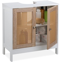 Relaxdays Waschbeckenunterschrank, 60 cm breit, 2 Fächer, Siphon-Aussparung, Rattan-Türen,