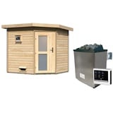 Woodfeeling Karibu Gartensauna Pultdach Saunahaus Mikka mit Eckeinstieg-9 kW Ofen inkl. Steuergerät-Milchglas-Saunatür (blickdicht) inkl. 8-teiligem gratis Zubehörpaket (Gesamtwert 191,92€)