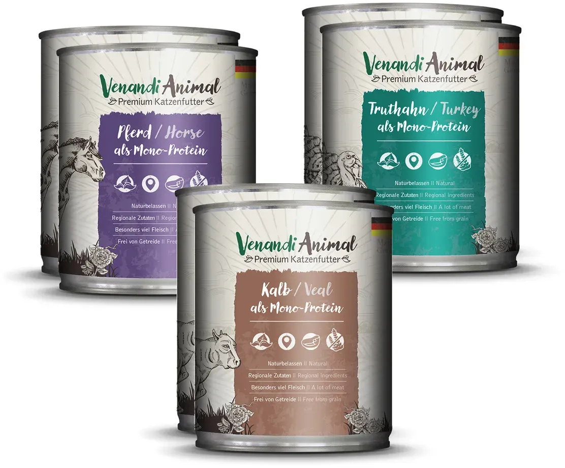 Venandi Animal 6x800g Mix-Paket Katzennassfutter Pferd/Kalb/Truthahn