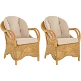 2er Set Breiter Sessel Natur Rattan mit Armlehne Wintergarten bequem Honig