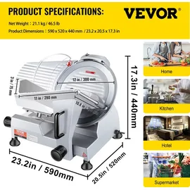 Vevor Kommerzieller Fleisch Allesschneider 320 W, Elektrische Aufschnittmaschine Lebensmittelschneider mit 30,48 cm-Kohlenstoffstahlklinge, 0–15 mm Einstellbare Dicke für Fleisch,