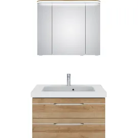 Saphir Badmöbel-Set »Balto Sprint 2-teilig, Mineralmarmor-Waschtisch mit LED-Spiegelschrank«, (2 St.), Badezimmer Set 92 cm breit, inkl. Türdämpfer, 3 Türen, 2 Schubladen, braun
