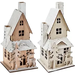 Beleuchtetes Haus mit Schnee - Weihnachtsdeko Weihnachtsszene Holz 28 cm