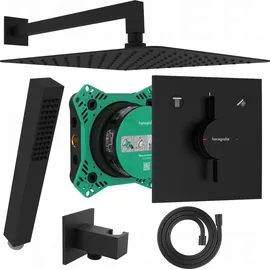 Hansgrohe DuoTurn E | BOFLER Unterputz Duschsystem #49, Armatur, I-BOX 2, Regendusche 30x30cm, Handbrause, Brauseschlauch, Brausehalter, matt schwarz