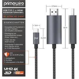 Primewire Usb Typ C zu HDMI Konverterkabel Adapterkabel 4K 3840 x 2160 @ 60 Hz - 2m