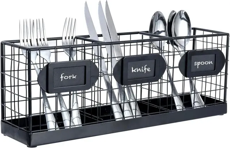 MyGift 3-stufiger schwarzer Metall-Wandkorb für Küchenutensilien