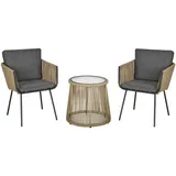 Outsunny Rattan Gartenmöbel-Set Sitzgruppe, Gartengarnitur mit 2 Gartenstühlen, Beistelltisch mit Hartglasplatte, Kissen, für Balkon, Terrasse,