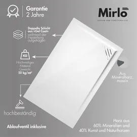 MIRLO Mineralguss Duschwanne extra flach Trinity Weiß Ablaufschutz Chrom Ablauf Linksbündig 80x120cm