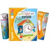 tiptoi Ravensburger Set :Meine Lern-Spiel-Welt: Uhr und Zeit (Kinderbuch) + 00110 Stift mit Wimmel-Weltkarte, Lernspielzeug für Kinder ab 4 Jahren
