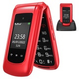 CHAKEYAKE Seniorenhandy ohne Vertrag, Klapphandy Mobiltelefon mit Großen Tasten, GSM Handy für Senioren mit 2.4''+1.7 ''Zoll Farbdisplay, Ladestation,SOS Notruftaste, Taschenlampe (Rot)