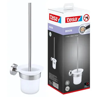 tesa Moon WC-Garnitur, satiniertes Glas und verchromter Edelstahl - Toilettenbürsten-Set zur Wandbefestigung ohne Bohren, inkl. Klebelösung - 115mm x 390mm x 147mm