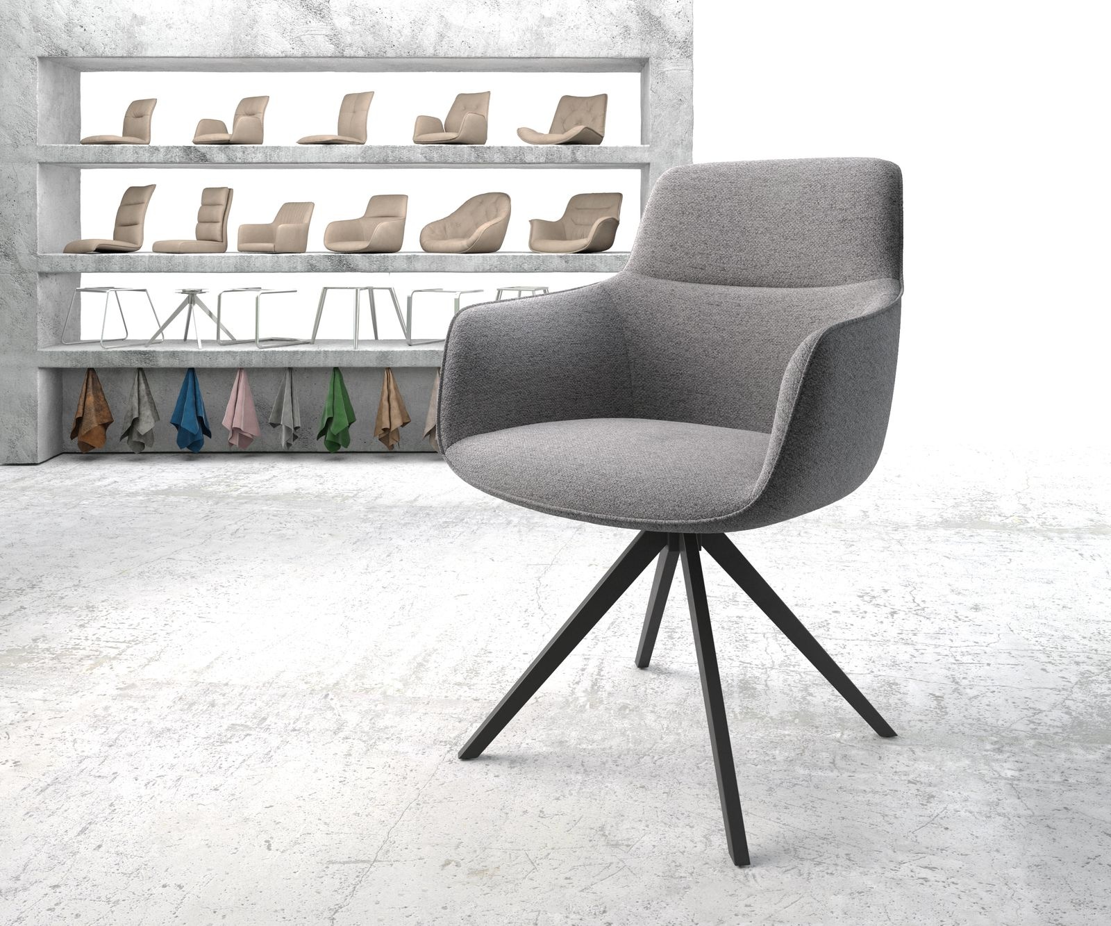 DELIFE Chaise-pivotante Pejo-Flex tissu texturé gris clair cadre croisé angulaire noir pivote sur 180°, Chaises de salle à manger