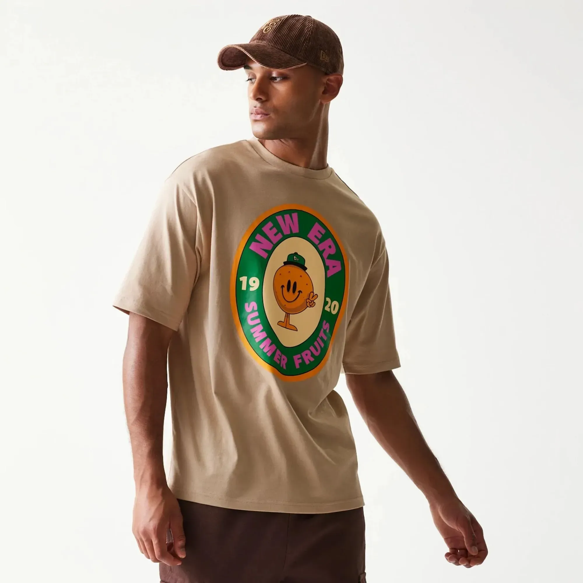 NEW ERA Orange Fruit Graphic Oversized T-Shirt - Light Beige - M
