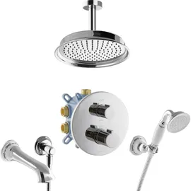 PaulGurkes 3-Wege Thermostat Duschsystem für Badewanne Nostalgie Regendusche Unterputz Set Komplett