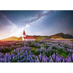 Fototapete PAPERMOON "BLUMEN-WIESE-FELD ISLAND KIRCHE STERNE HIMMEL BERGE", bunt, B:3,00m L:2,23m, Vlies, Tapeten