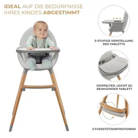 Kinderkraft Hochstuhl FINI2 2 in 1, Kinderhochstuhl, Babystuhl, Kombihochstuhl, Beine aus Holz, Sicherheitsgurte, Fußstütze, Doppeltablett, ab 6 Monate bis 5 Jahre, 5 Punkt Gurte, Grau
