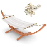 Ampel 24 Outdoor Hängematte mit Gestell Madagaskar 400 cm und Sicherung, Hängemattengestell Holz Eukalyptus - Stabhängematte wollweiß Baumwolle, Braun/Reisweiß