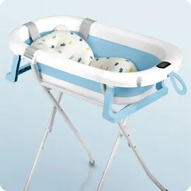 Ricokids Baby Badewanne Babywanne mit Gestell Thermometer und Badekissen - Faltbar Leicht Rutschfest - Weiß Blau