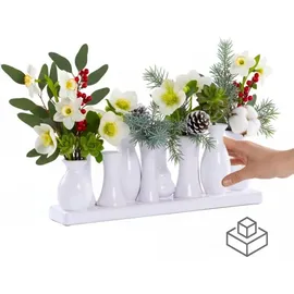 H&D Manufaktur Jinfa Vasen Set Weiß - 10 kleine Blumenvasen auf Tablett - Minivasen Keramik für Tischdeko - Moderne Miniatur Keramikvasen für einzelne Blumen m... - Weiß