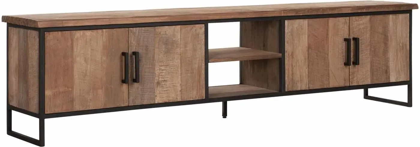 TV Board Beam aus Teakholz, Industrial Design, natur, 220 cm, Metallgestell, mit Türen