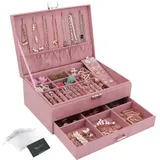 Schmuckkasten, Schmuckkästchen mit Schubladen für Damen Mädchen, Samt Schmuckbox Schmuckschatulle Groß Schmuck Organizer für Ringe Ohrringe Armbänder Halsketten, Rosa