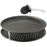 Zenker 7512 Pizzaset 3-teilig,Pizzableche,Pizzaschneider,Pizzablech rund (Ø 32 cm) gelocht,inkl. Pizzaschneider und Halter,für Pizza,Flammkuchen