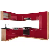 Vicco Winkelküche R-Line L-Form 287 cm Rot Hochglanz/Goldkraft Eiche