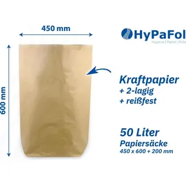Hypafol Papiermüllsäcke 50 liter | 50 Stück | 2-lagig, | 450x600+200 mm, | unbedruckt | kompostierbare Papiertüten | Kraftpapier - Braun