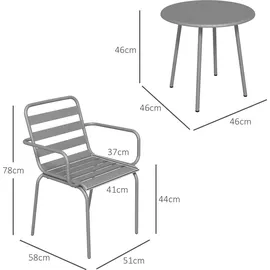 Outsunny 3tlg. Bistroset Gartenmöbel Set mit 1 Couchtisch, 2 Stapelbaren Stühlen, Balkon-Set, Sitzgruppe für Balkon, Terrasse, Stahl, Hellgrau