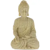 Relaxdays Relaxdays, Buddha Figur sitzend 18cm, Dekofigur für Wohnzimmer und Bad, feuchtigkeitsresistent, Kunststein, Sand