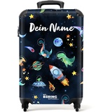 NoBoringSuitcases.com Kinderkoffer Jungen, Reisekoffer Personalisiert, Koffer Kinder, Kinder Reisekoffer, Koffer Kinder Jungen, Suitcase, Handgepäck Trolley 55x40x20 cm (Dinos, Weltraum - Dunkelblau)