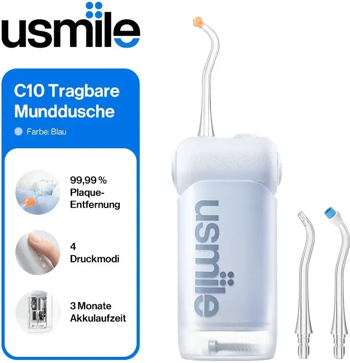 usmile C10 Tragbare Munddusche, reisetauglich, bis zu 95 Tage Akkulaufzeit, 4 Modi, 360°-Düse, 180-ml-Wassertank, IPX7 wasserdicht, von Zahnärzten empfohlen für Zahnspangen, Implantate und empfindliches Zahnfleisch
