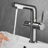Sjqka - Waschtischarmatur, 360° drehbarer Badezimmer-Wasserhahn, Digitalanzeige, ausziehbarer Waschtischmischer, Badezimmer-Lift-Wasserhahn mit 2