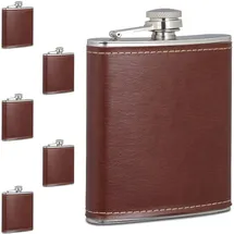 Relaxdays Flachmann 6er Set, 200 ml, Edelstahl Schnapsbehälter mit Kunstleder Hülle, kleine Taschenflasche, braun/Silber