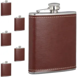 Relaxdays Flachmann 6er Set, 200 ml, Edelstahl Schnapsbehälter mit Kunstleder Hülle, kleine Taschenflasche, braun/Silber