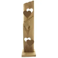 Dekoleidenschaft Dekosäule Willkommen aus Holz, Natur, 80 cm hoch mit 2 Metall-Herzen in Rost-Optik, braun, Holzsäule, Welcome Holzdeko, Eingangsbereich, Eingangsdeko, Säule