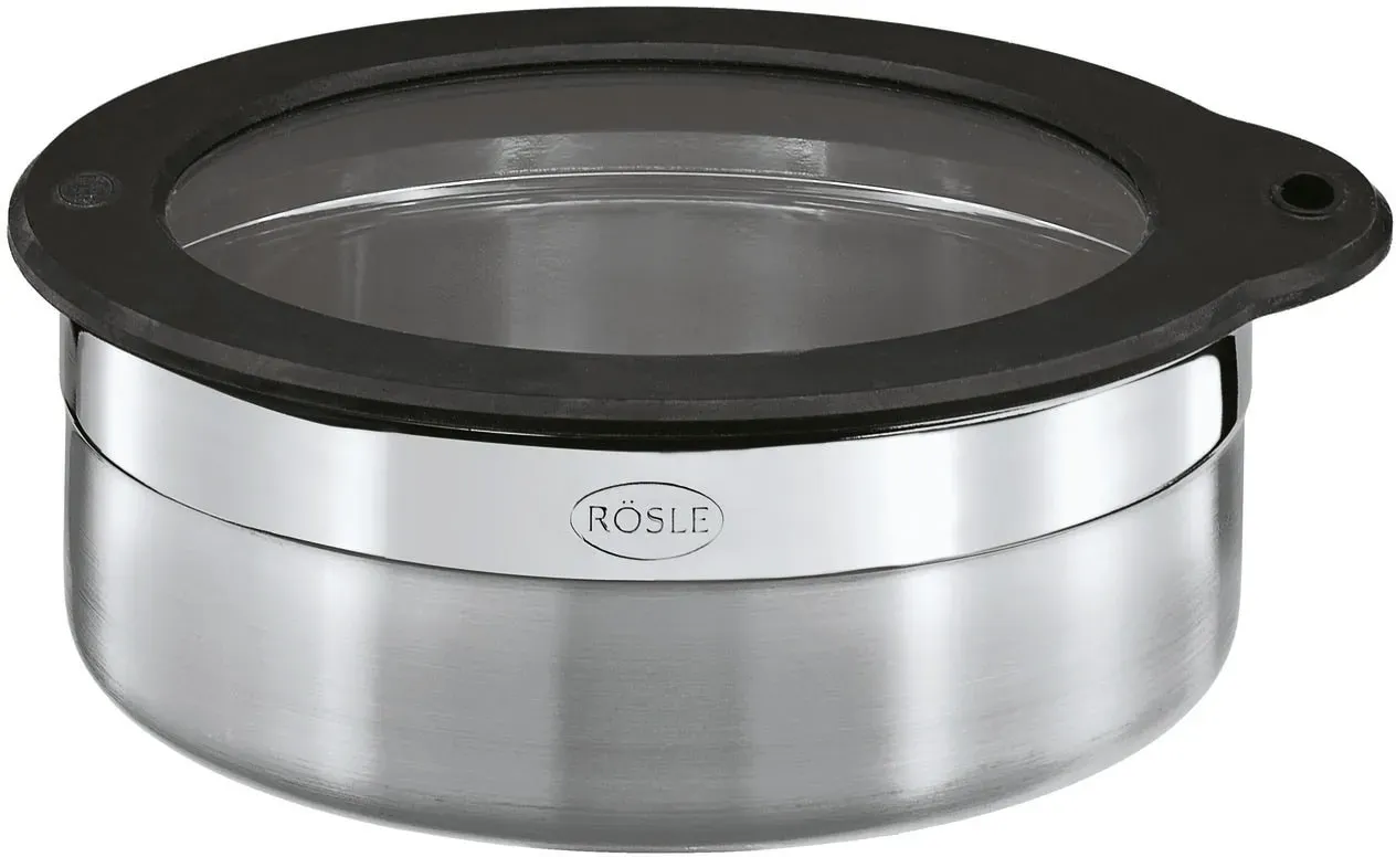 Frischhaltedose RÖSLE, schwarz (edelstahlfarben, schwarz), B:17,5cm H:6,5cm L:17,5cm Ø:16cm, Edelstahl 18/10, Glas, Silikon, Lebensmittelaufbewahrungsbehälter, Frischhaltedose, zur Aufbewahrung von Lebensmitteln, spülmaschinengeeignet